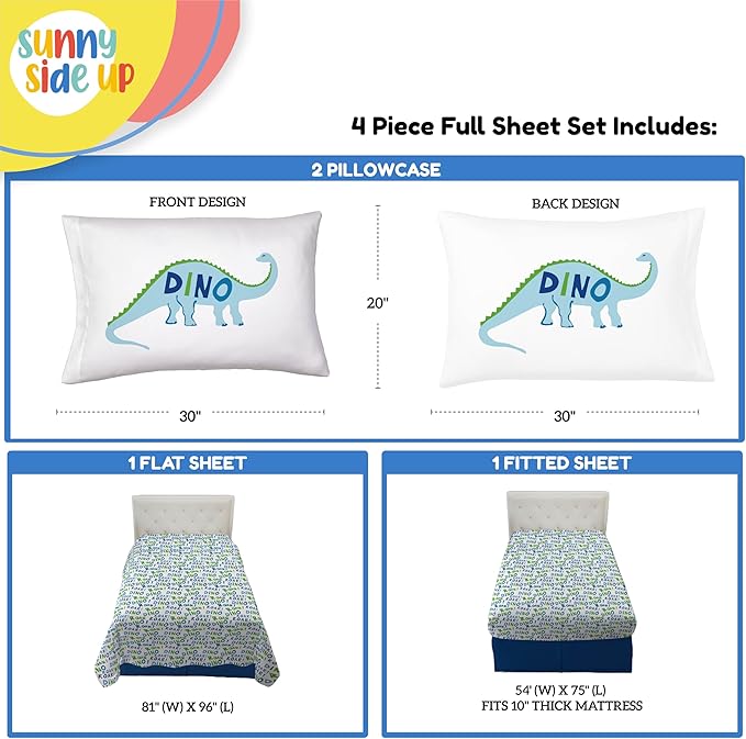 Sunny Side Up Dino Roar Full Sheet Set - 4 Piece Kids Bedding Set Includes Pillow Cover - Super Soft Dinosaur Microfiber Sheets
