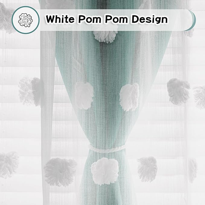 MYSKY HOME Teal Living Room Curtains Kids Curtains for Boys Bedroom 84 Inches Long Double Layer Curtains for Kids Room Darkening Grommet White Pom Pom Sheer Blackout Curtains 52 x 84 Inch 2 Panels
