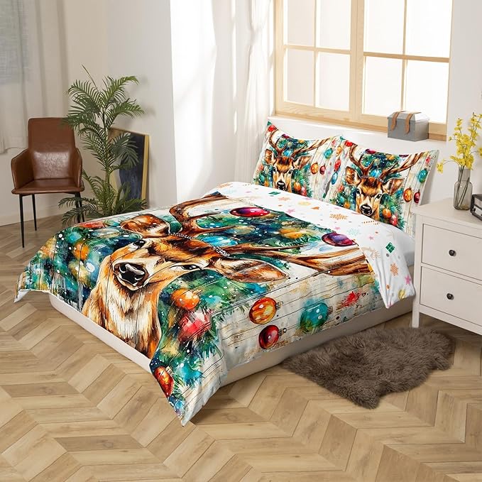 Cabin Deer Duvet Cover Set Full Size,Tie-dye Christmas Tree Wooden Plank Rustic Bedding Set,Boys Girls Room Decor,Wild Animal Farmhouse Comforter Cover,Brown Quilt Cover,2 Pillowcases,No Comforter