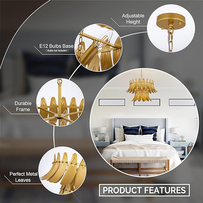 TOCHIC Modern Farmhouse Gold Chandelier, 6-Light Leaf Chandeliers for Dining Room, 24" 2-Tier Ceiling Light Fixture for Living Room, Bedroom, Entryway, Kitchen Island