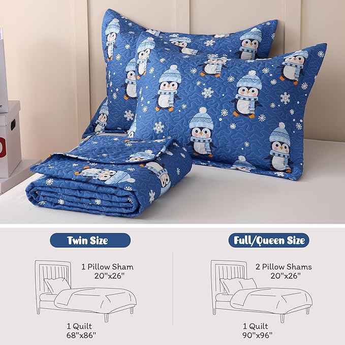 JSD 2 Pcs Kids Christmas Quilt Set Twin Size, Blue Penguin Christmas Theme Bedding, Soft Microfiber Bedspread Coverlet Holiday Quilted Blanket