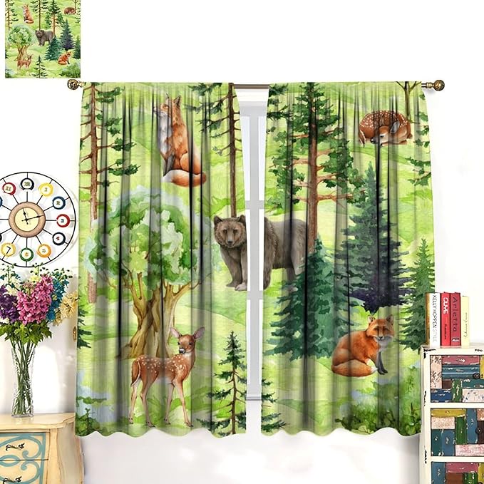 Woodland Animal Curtains, Watercolor Jungle Animals Fox Bear Pattern Blackout Window Treatments, Rod Pocket Thermal Insulated Drapes 2 Panel Sets for Kids Bedroom Nursery Classroom, 52" W X 84" L