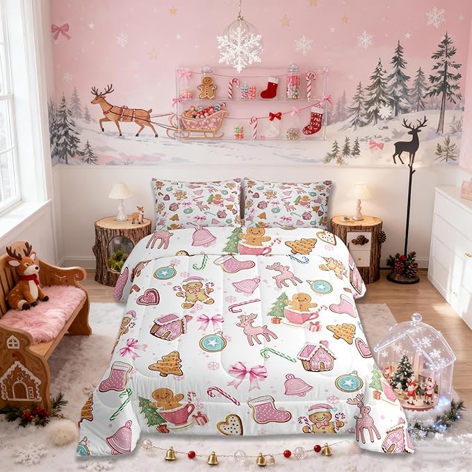 Cute Bow Tie Comforter Set Full Size,Pine Tree Merry Christmas Elk Deer Kids Bedding Set,Bowknot Gingerbread Man Snowflake Quilt Comforter,Pink White Colorful Duvet Insert,2 Pillowcases