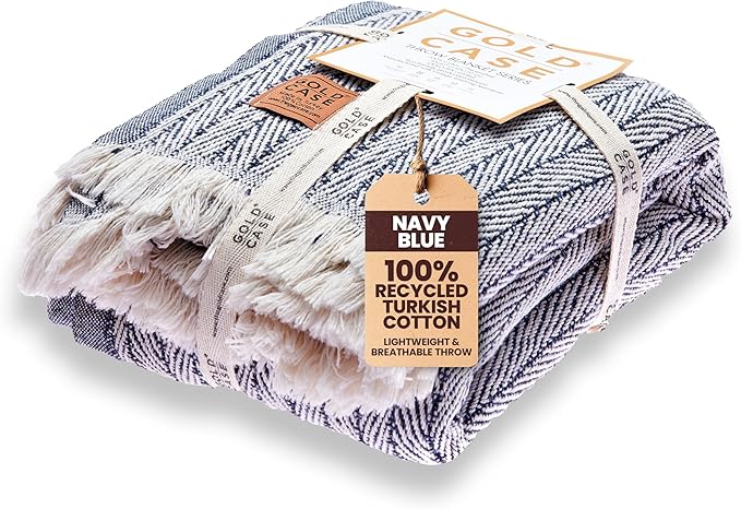 Gold Case Throw Blanket for Couch - 100% Recycled Turkish Cotton Blankets & Throws - Vintage Soft Throw Blankets for Living Room - Boho Decorative Woven Couch Blanket - 50x60 - Navy Blue