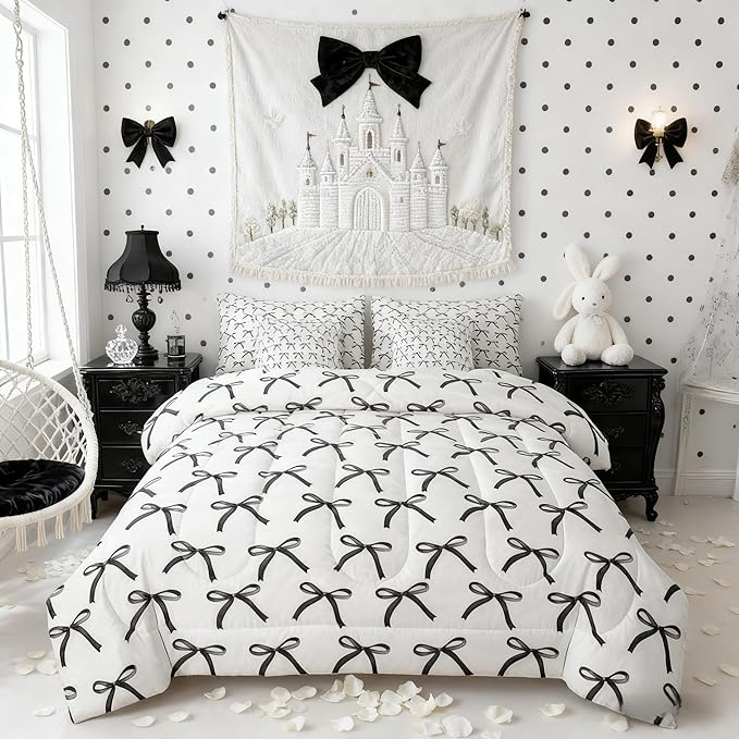 Manfei 7 Pieces Cartoon Bowknot Kids Comforter Twin Size,Bow Tie Geometric Patchwork Modern Girls Bedding Set,Bow Butterfly Knot Black White（Comforter+Fitted+Flat+2 Pillowcases+2 Throw Pillow Covers）