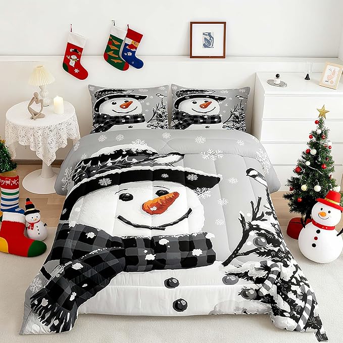 Feelyou Kids Christmas Theme Decorations Bedding Set Xmas Snowman Comforter Set for Boys Girls Snowflake Kawaii Cute Grey Bedroom Collection Full Size