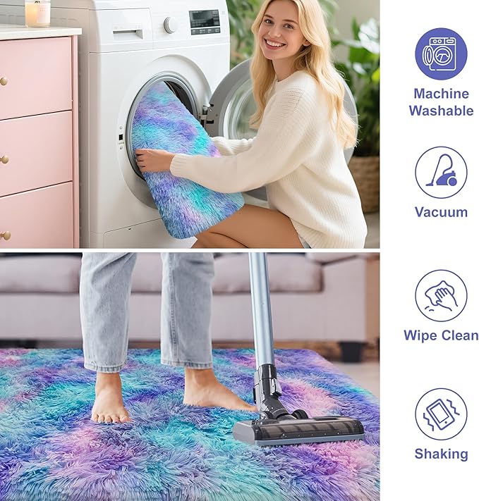 Shaggy Tie Dyed Light Purple Rainbow Rug Small,2x3 Area Rugs for Living Room Door Entryway Indoor Inside Front Entrance Dog Mat Anti-Skid Extra Comfy Fluffy Floor Carpet for Home Decorative