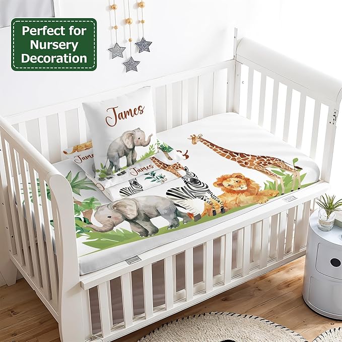 Personalized Baby Crib Bedding Set,3 Piece Custom Name Nursery Set with Blanket, Fitted Sheet & Pillowcase for Baby Girls & Boys, Safari Animals Theme(Fixed Size)