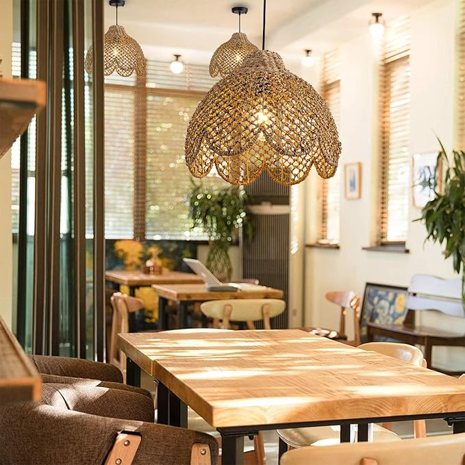 13.8inch Rattan Light, Rustic Hand Woven Wicker Pendant Light Brown Rattan Ceiling Lighting Fixtures for Living Room Dining Room Bedroom Kitchen Island Hallway,1-Light
