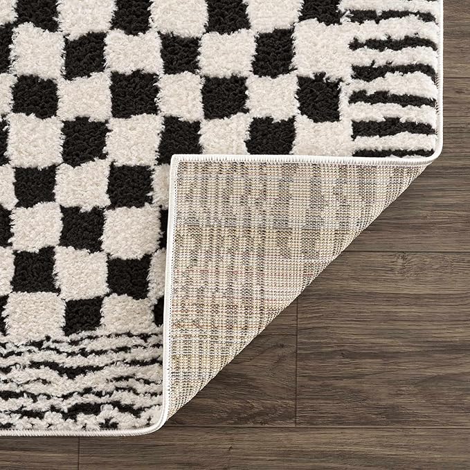 Hauteloom Leryn Contemporary Checkered Area Rug - Modern Geometric Bordered Carpet for Living Room, Bedroom - Checkboard Design - Square Tiles - High Pile - Black and White - Off White - 18" Sample