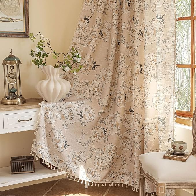 ENJOYBRIDAL Floral 84 Inch Curtains 2 Panel Set Coquette Rod Pocket Drapes Boho Bedroom Semi Sheer Aesthetic Window Curtain Panels Farmhouse Living Room Decorations Vintage Tassel Window Treatments