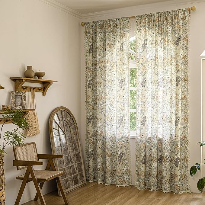 ENJOYBRIDAL Floral Curtains 96 Inches Long 2 Panels Bedroom Farmhouse Drapes Semi Sheer Rod Pocket Living Room Boho Window Curtain Panels Cottage Core Cute Vintage Rustic Window Treatments