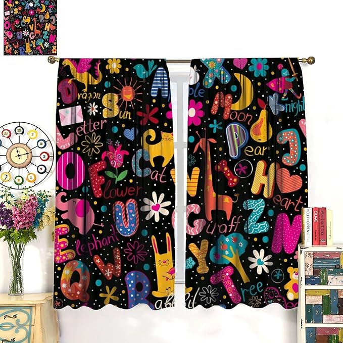 Cartoon Alphabet Curtains Funny Education Animal Giraffe Curtain with Rod Pocket for Bedroom Living Room Home Decor Drapes Thermal Insulated Window Treatments 2 Panels Set 84" W X 84" L