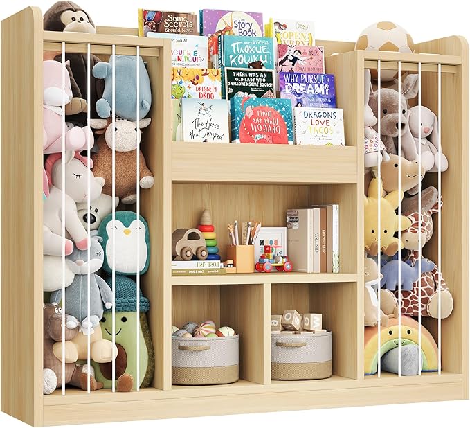 ONBRILL Two Wooden Stuffed Animal Storage, Toddler Toy Storage Organizer with 4-Tier Kids Bookshelf and 3 Open Cube Shlef, Multifunctional Bookcase for Kids Rooms Playroom Nursery