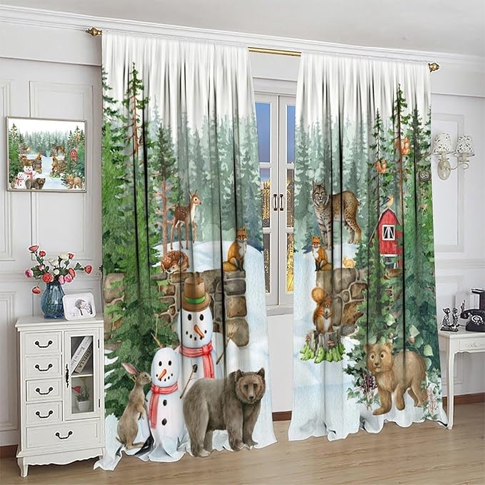 Woodland Animal Curtains, Watercolor Squirrel Hare Bear Bird Pattern Blackout Window Treatments, Rod Pocket Thermal Insulated Drapes 2 Panel Sets for Kids Bedroom Nursery Classroom, 63" W X 63" L