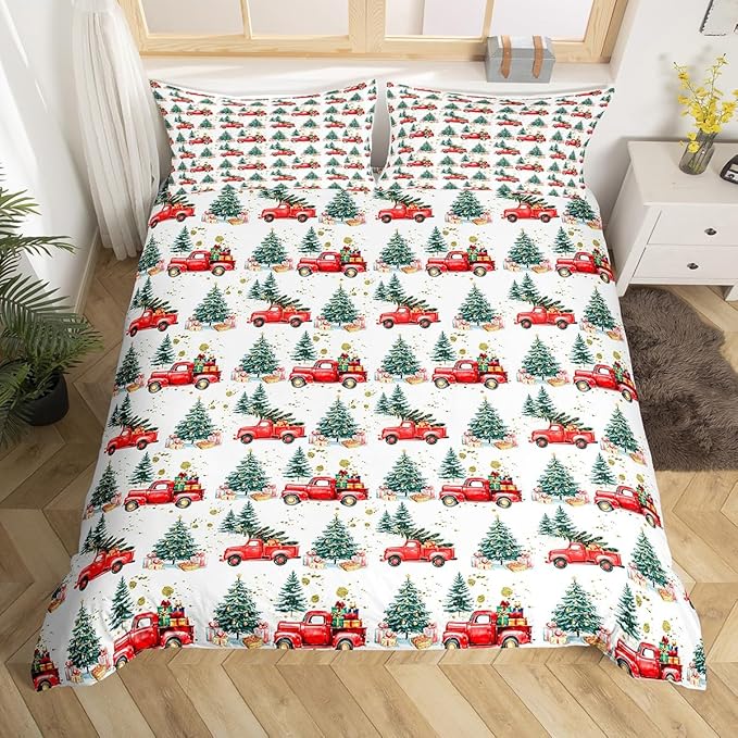 Feelyou Christmas Duvet Cover Boys Christmas Tree Bedding Set for Kids Teens Ultra Soft Cartoon Car Comforter Cover Set Watercolor Xmas Theme Bedspread Cover Room Decor Full Size Bedclothes Zipper