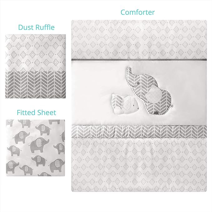 La Premura Baby Crib Bedding Set for Boys, Gray Elephants & Puppy 3 Piece Standard Size Grey Crib Set, Fitted Sheet, Quilt & Skirt, Unisex Nursey Bedding and Neutral Decor
