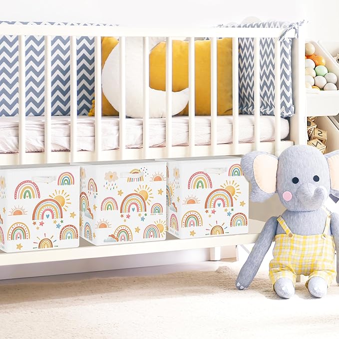 Clastyle Rainbow Kids Storage Cube Organizer Set Boho Closet Clothes Cube Storage Bin Nursery Toddler Toy Box Chest Boys Girls Book Shelf Basket,Sun,11.8x11.8x11.8 in