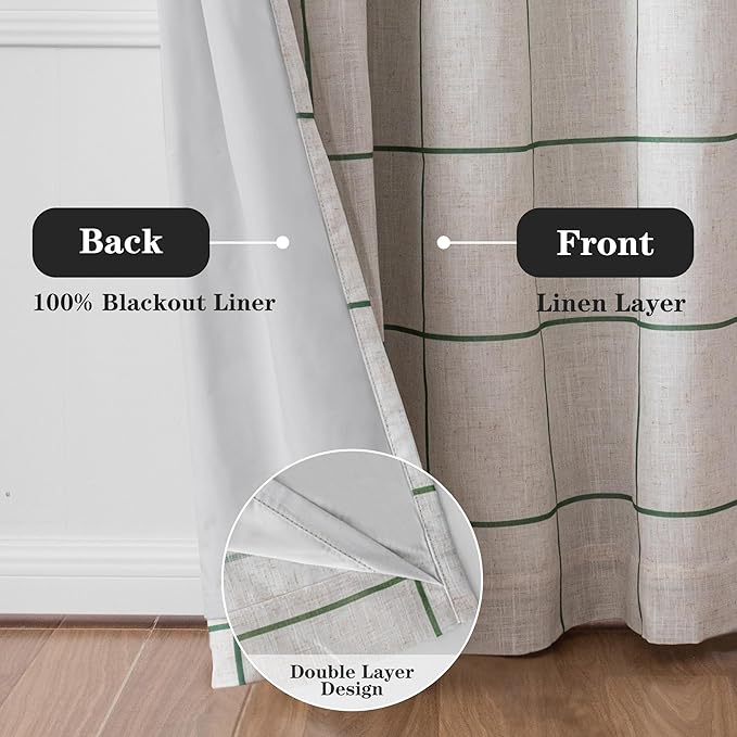 MYSKY HOME 100% Blackout Plaid Linen Curtains 63 Inches Long Double Layer Farmhouse Thermal Insulated Checkered Print Drapes with Rod Pocket Back Tab for Bedroom Living Room, 2 Panels, 52"Wide, Green