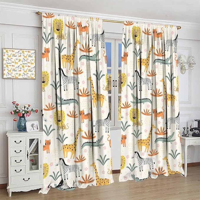 Wild Animals Curtains, Cute Cartoon Animals Zoo with Lion Zebra Crocodile Cat and Giraffe Tropical Jungle Plant Print Window Treatments for Kids Boys Girls Bedroom Living Room 63x63in