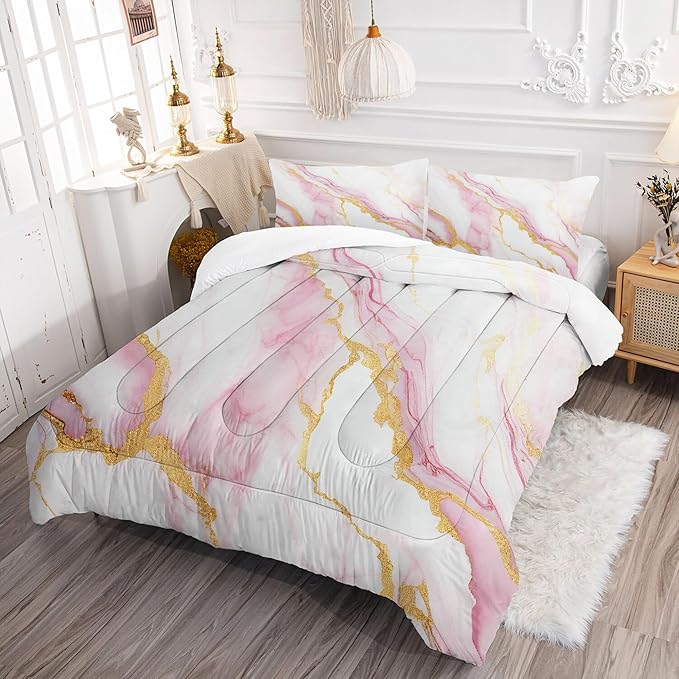 Comforter Set Pink Marble: Full Size Bedding Sets for Girls Teens Kids Women Luxury Gold Glitter Abstract Marbling Pastel Bed Set 1 Comforter & 2 Pillowcases
