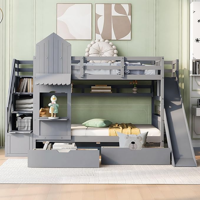 Full-Over-Full Castle Style Bunk Bed with 2 Drawers and 3 Shelves, Wood Bunk Bed Frame with Slide and Storage Staircase for Kids Teens Boys Girls, Maximize Space Savings