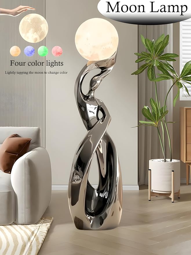 Bofea-Smoky Color Floor Lights,3D Moon Lamp with 9.44 Inch Resin Base,Mood Lighting with Touch Control Brightness for Home Decor, Bedroom Lighting