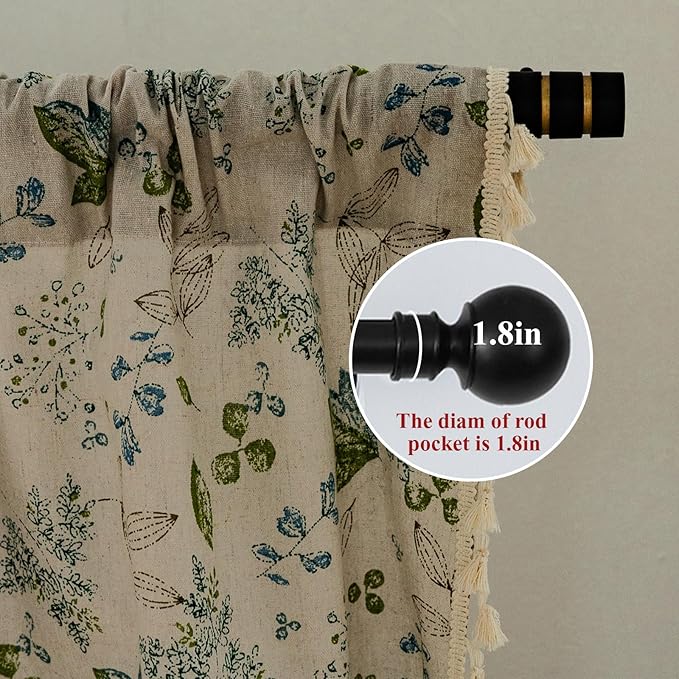 ENJOYBRIDAL Leaf Curtains 63 Inch Length 2 Panels Tassel Boho Semi Sheer Drapes Bedroom Living Room Farmhouse Floral Short Rustic Country Rod Pocket Cotton Linen Blend Window Curtain Panel