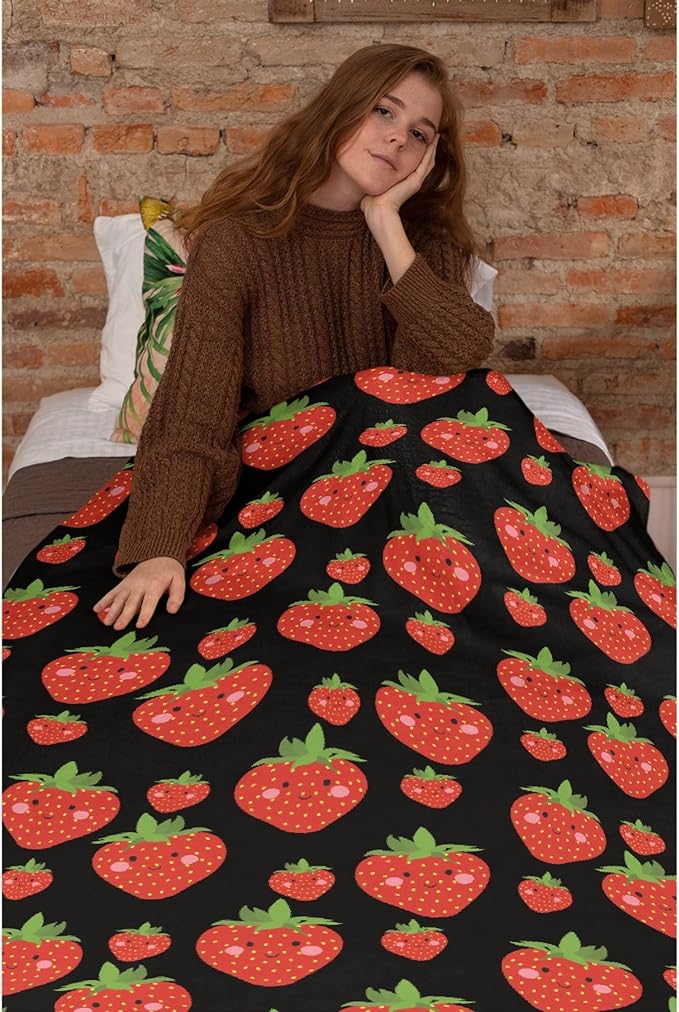 Thuswarm Cute Strawberry Kawaii Black Flannel Throw Blanket Warm Cozy Soft Funny Print Blankets for Bed Couch Sofa Room Decoration Gifts 120”×90” Extra Large for Family