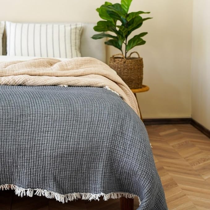 Cotton Muslin Blanket – Soft Muslin Comforter Quilt Made from Premium Muslin Fabric, Lightweight Breathable Cotton Quilt for All Seasons (Charcoal Gray, Twin)
