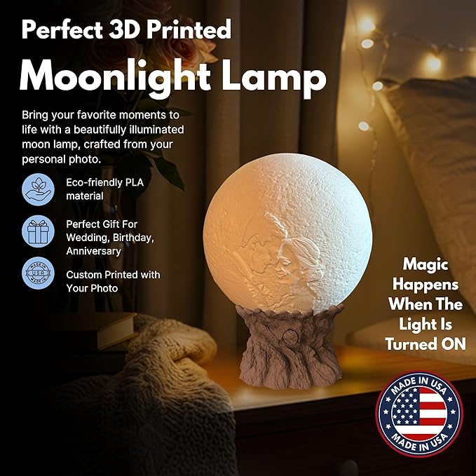 Personalized Moon Lamp with Custom Photo & Text - 3D Printed Night Light - Custom Moon Lamp - 3 Temp Led - Unique Gifts for Women, Girlfriend - Decor for Weddig Anniversary, Birthday