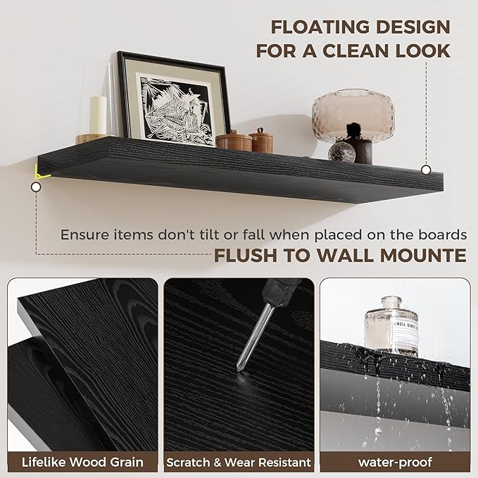Fun Memories Deep Floating Shelves, 36" W x 12" D Wood Floating Shelves for Wall, 2 Pack Extra Deeper & Thicker Wall Mounted Storage Shelf for Living Room Laundry Room Kitchen Home Office, Black