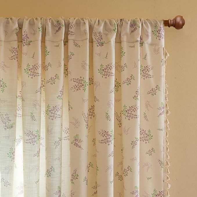 ENJOYBRIDAL Purple Floral 96 Inch Curtains for Living Room Decor Drapes Semi Sheer Bedroom Rod Pocket Long Window Curtains 2 Panels Tassel Aesthetic Farmhouse Cute Boho Window Treatments