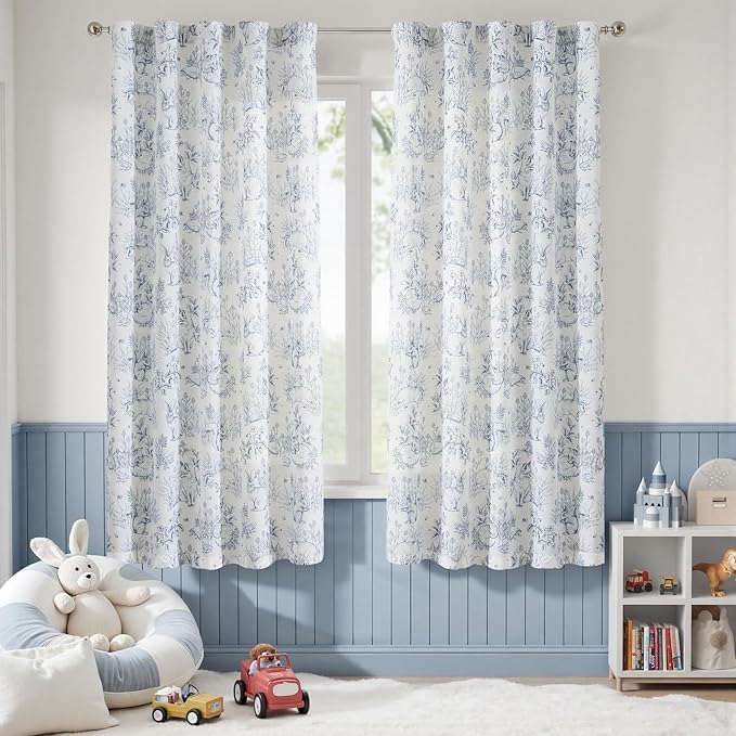 jinchan Linen Nursery Curtains 72 inch Long Woodland Wildlife Blue Print Drapes for Kid's Room Light Filtering French Country Farmhouse Curtains with Bunny and Forest Design Set of 2 Panels