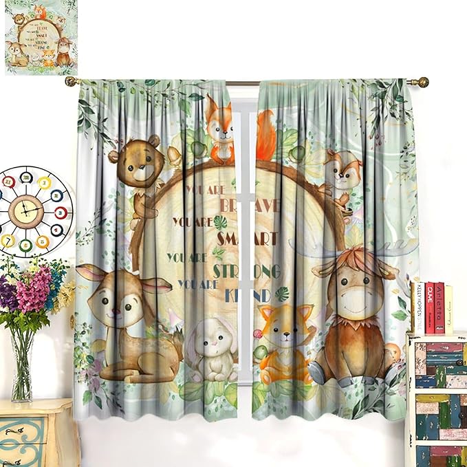 Kids Safari Animal Curtains Cute Watercolor Wildlife Jungle Window Treatments for Boys Girls Bedroom Inspirational Motivational Quotes Nursery Children Drapes for Living Room W63xL63