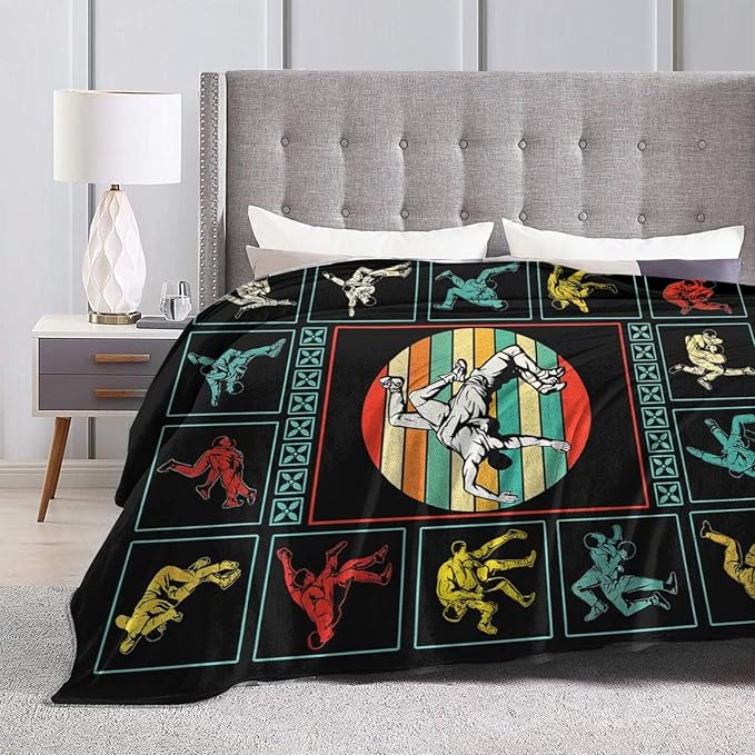 Wrestling Fleece Blanket Sports Wrestle Throw Blankets for Girls Boys Super Soft Warm Flannel Vintage Colorful Throws Gifts for Men Women Cozy Fuzzy Plush Stuffed Couch Bed Bedding Decor 80"x60"