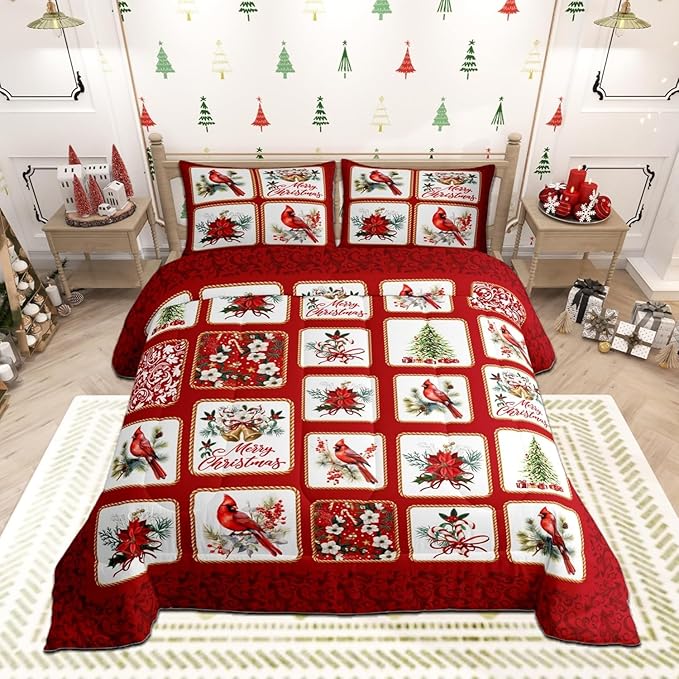 Merry Christmas Comforter Set Toddler Size,Red Patchwork Xmas Themed Plaid Bedding Set for Kids Boys Girls Adult,Cardinals Berries Bells Floral Pine Print Quilted Duvet Set with 1 Pillowcase