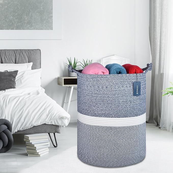 COMSE Extra Large Blanket Basket, Tall Woven Storage Basket, Nursery Hamper, 15.7”x 21.7”, Cotton Rope Laundry Hamper for Toys Clothes Towels, Blend Navy Blue/White