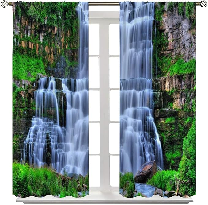 Nature Scenery Waterfall Blackout Curtains, Forest Waterfall Landscape Green Jungle Stone Falls Print Pattern Rod Pocket Window Drapes, for Bedroom Living Room 52" W X 84" L