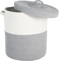 Large Storage Basket with Lid 60L, 16"Wx18"H Woven Laundry Hamper Basket with Handle, Room Decor Cotton Rope Wicker Basket Toy Organizer Bins for Clothes Blankets Pillows, Gray/White Mix includes Lid
