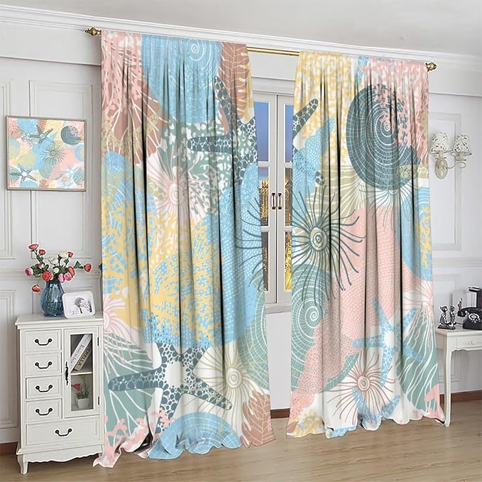 Nautical Decor Curtain Beach Theme Starfish Seashell Nautical Rustic Ocean Sea Vintage Retro Coastal Summer Bedroom Set 2 Panels,42x45 Inches