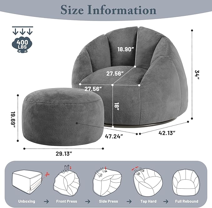 Giant Bean Bag Swivel Chair for Adults with Ottoman - Comfy Plush Round Shell Soft Accent Chaise Lounge Indoor Reading Chair, Oversized Cozy Floor Sofa for Living Room, Bedroom Dorm, Gray