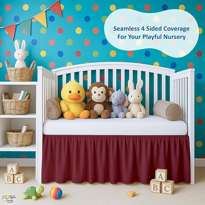 Cottington Lane Burgundy Crib Skirt Dust Ruffle, 100% Natural Cotton, Soft, Durable Nursery Crib Toddler Bedding Skirt for Baby Girls or Boys, Fits Standard Cribs 28" x 52" with 14" Drop