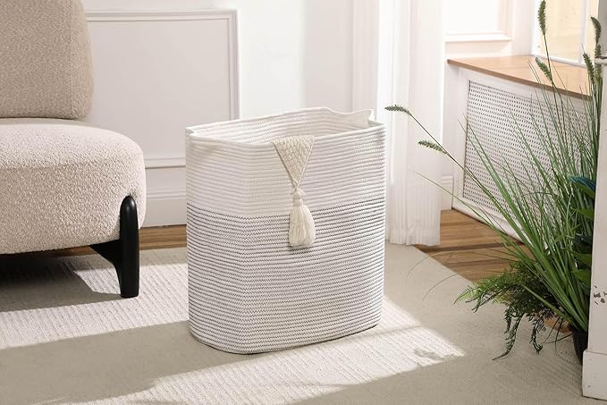 Tall Laundry Basket With Handles,Woven Cotton Rope Big Laundry Hamper Sorters,Versatile Storage for Dirty Clothes,Baby Toys,and Blankets in Bathroom, Nursery,and Living Room (White/Black Line, 50L)