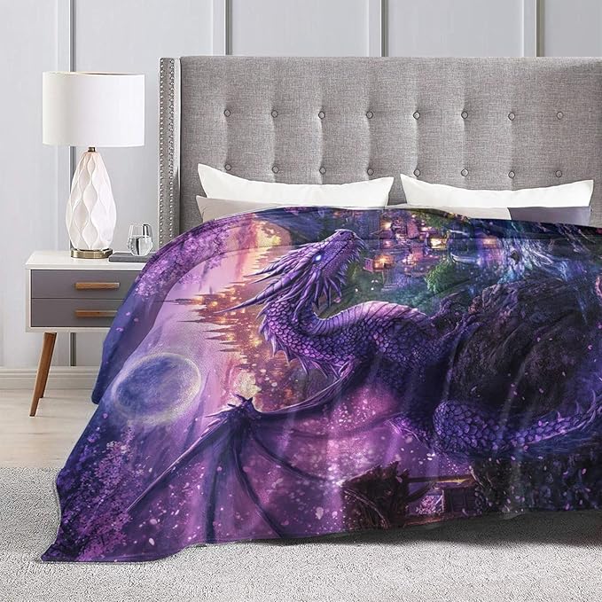 Dragon Blanket Purple Throw Blankets for Girls Boys Soft Warm Cool Mysterious Castle Throws Flannel Fleece Plush Animal Gifts for Kids Men Women Adults for Bed Sofa Bedding Decor 50"x40"