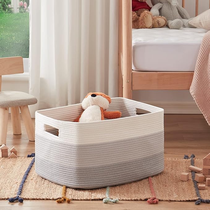 OIAHOMY Large Blanket Basket, 22”x17”x12” Rectangle Woven Baskets, Nursery Blanket Storage Living Room, Toy Storage With Handle, Large Baskets for Organizing-Gradient Grey