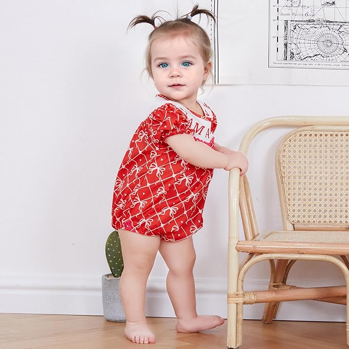 Newborn Baby Girl Romper Mamas Mini Bow Plaid Print Puff Sleeve Smocked Bubble Romper Jumpsuit Bodysuit Clothes