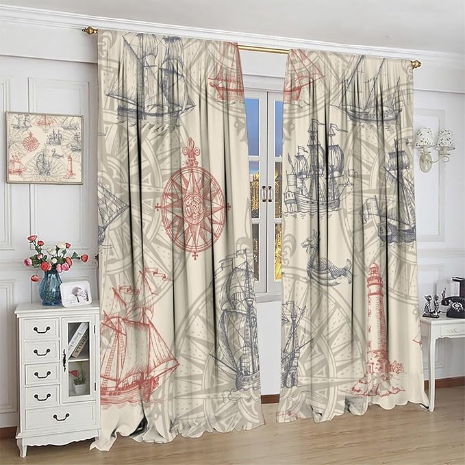 Abstract Nautical Curtain Set, 2 Panels, 42"W x 54"L, Yellow Polyester, Rod Pocket, Contemporary Ocean Theme, Bathroom, Indoor