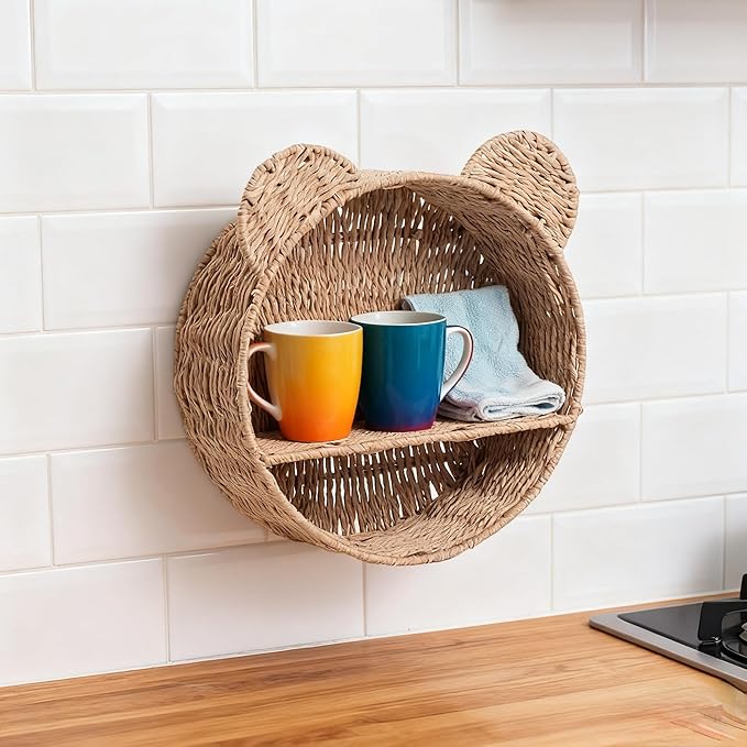 Bear-Shaped Rattan Wall Shelf – Handmade Woven Nursery Bookshelf for Kids Room, Boho Wall-Mounted Storage Organizer for Toys, Books & Décor