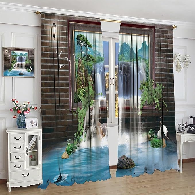 Waterfall Blackout Window Curtains, Tropical Rainforest Jungle Plants Forest Wild Nature Landscape Window Drapes, for Living Room Bedroom 42x54in 2 Panels